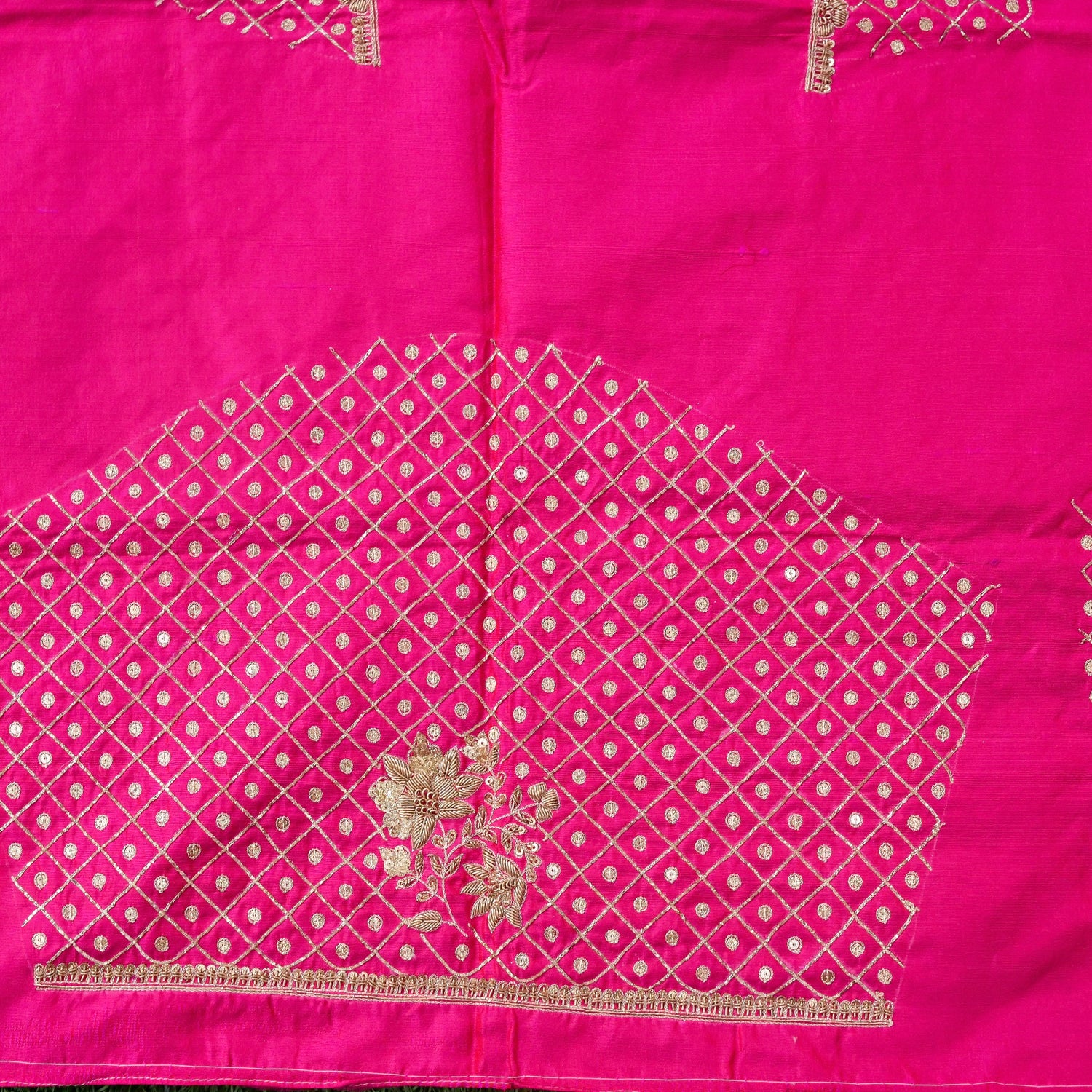 Hand Embroidered Raw Silk Blouse Fabric in Pink
