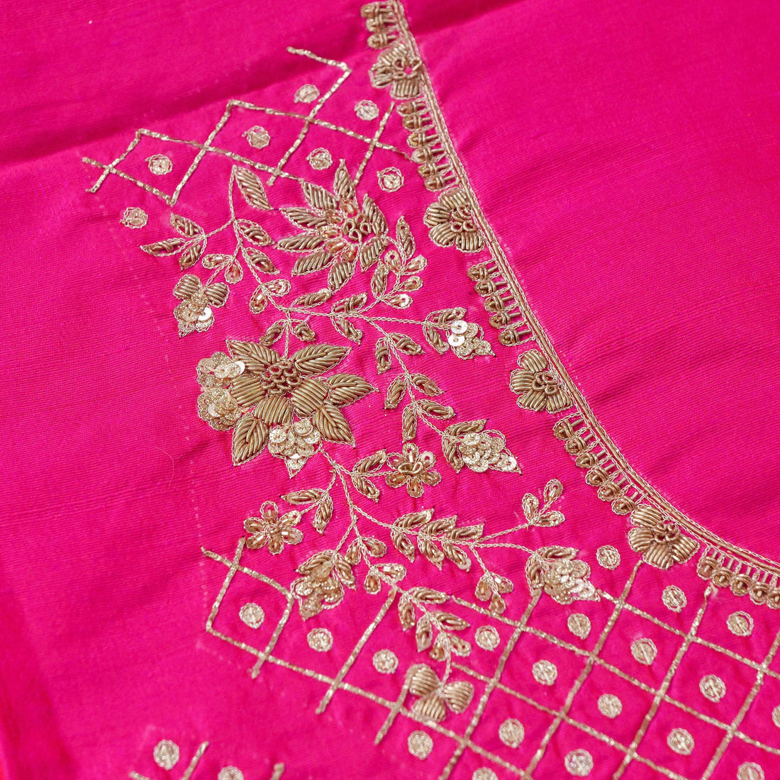 Hand Embroidered Raw Silk Blouse Fabric in Pink