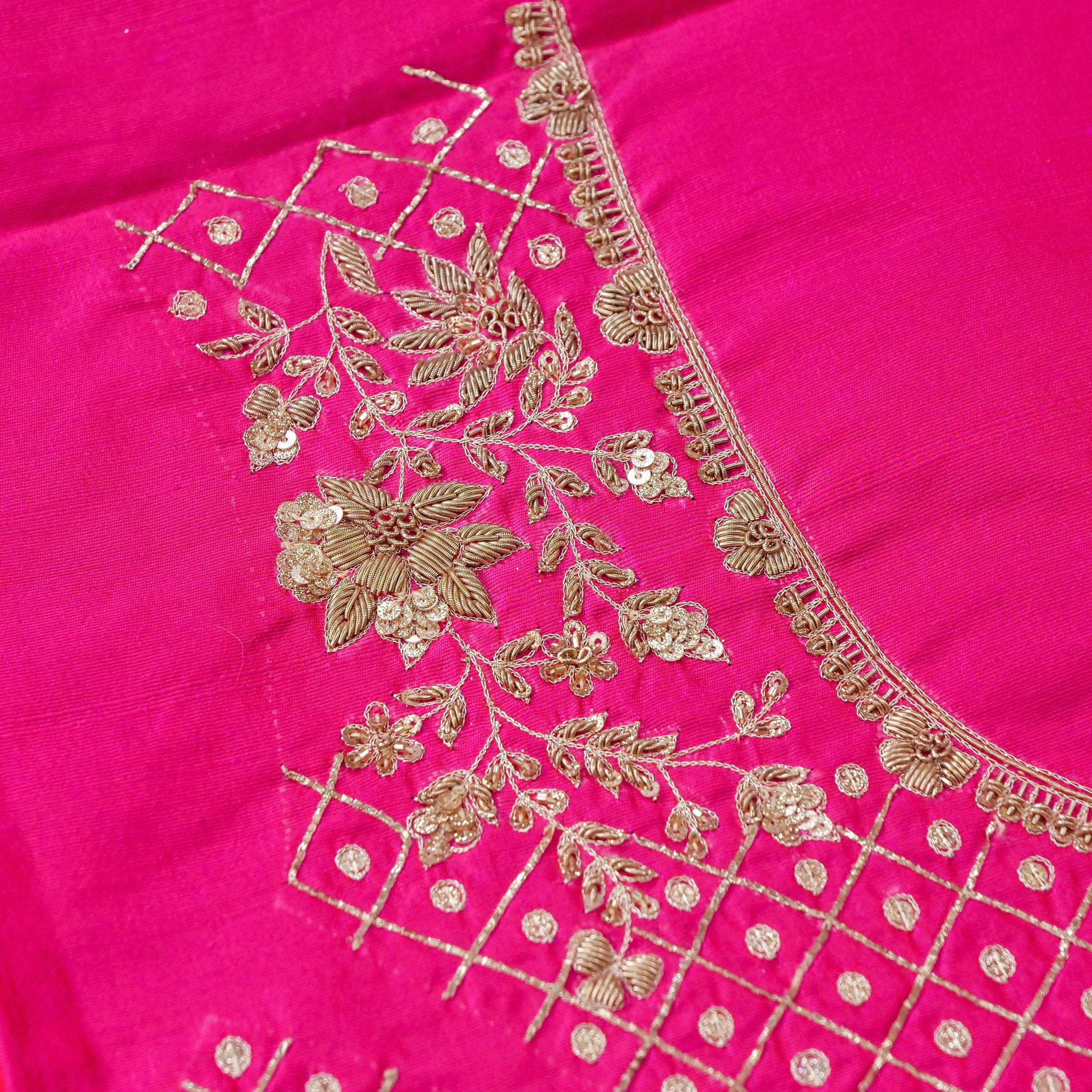 Hand Embroidered Raw Silk Blouse Fabric in Pink