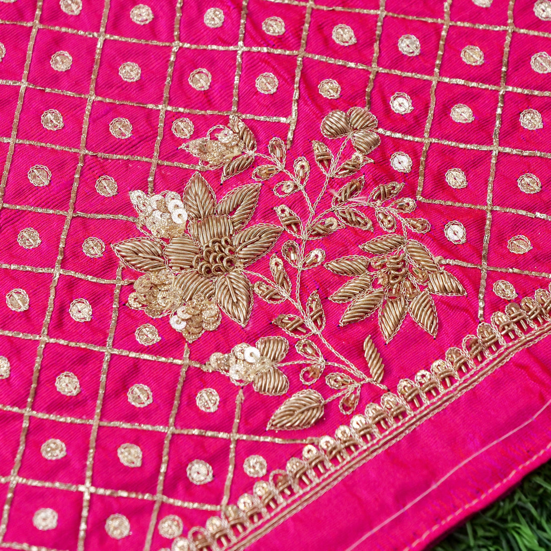 Hand Embroidered Raw Silk Blouse Fabric in Pink