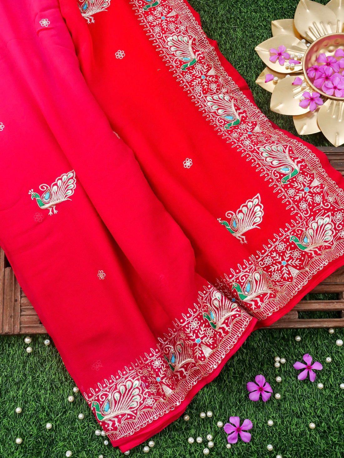Hand Embroidered Georgette Saree in Pink-Red Ombre