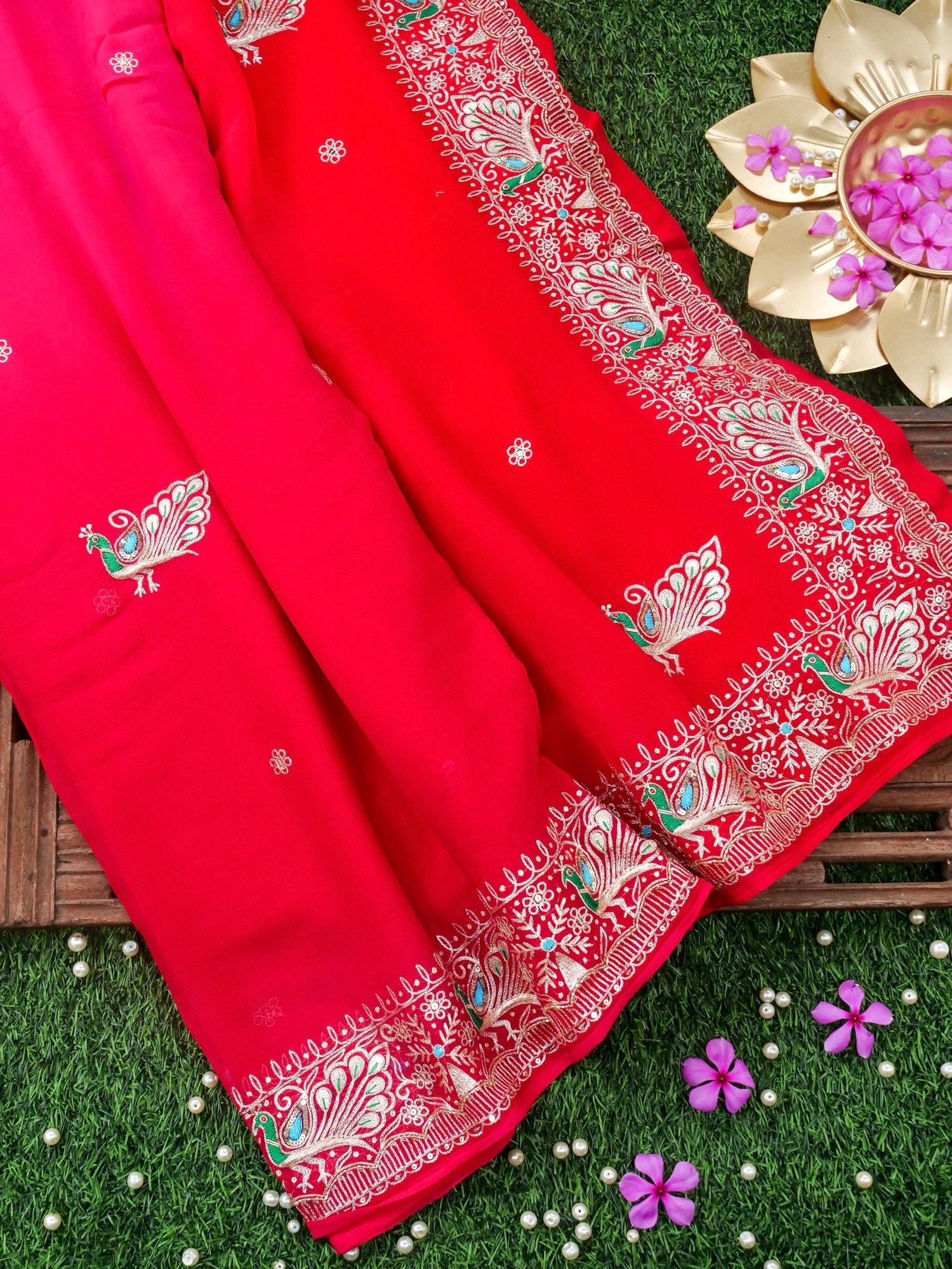 Hand Embroidered Georgette Saree in Pink-Red Ombre