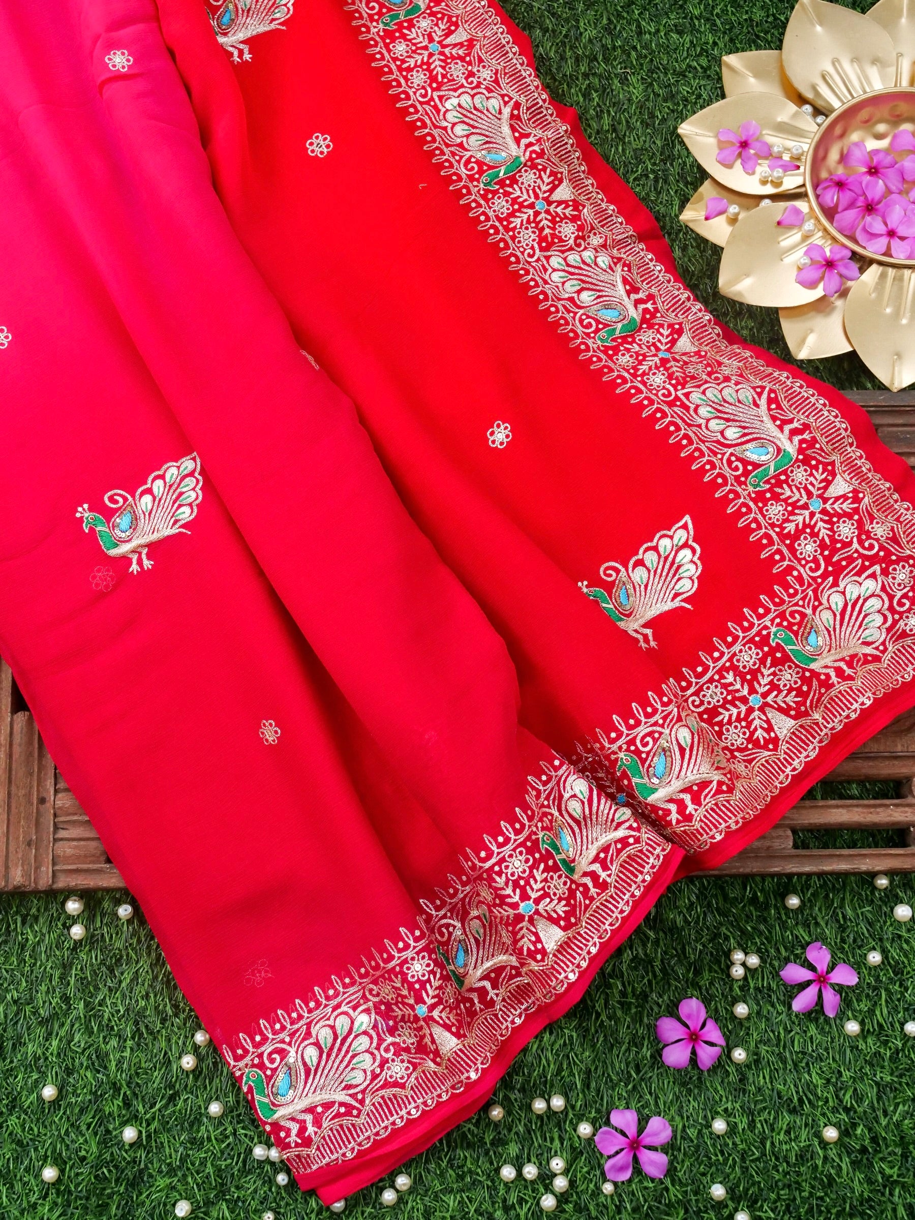 Hand Embroidered Georgette Saree in Pink-Red Ombre