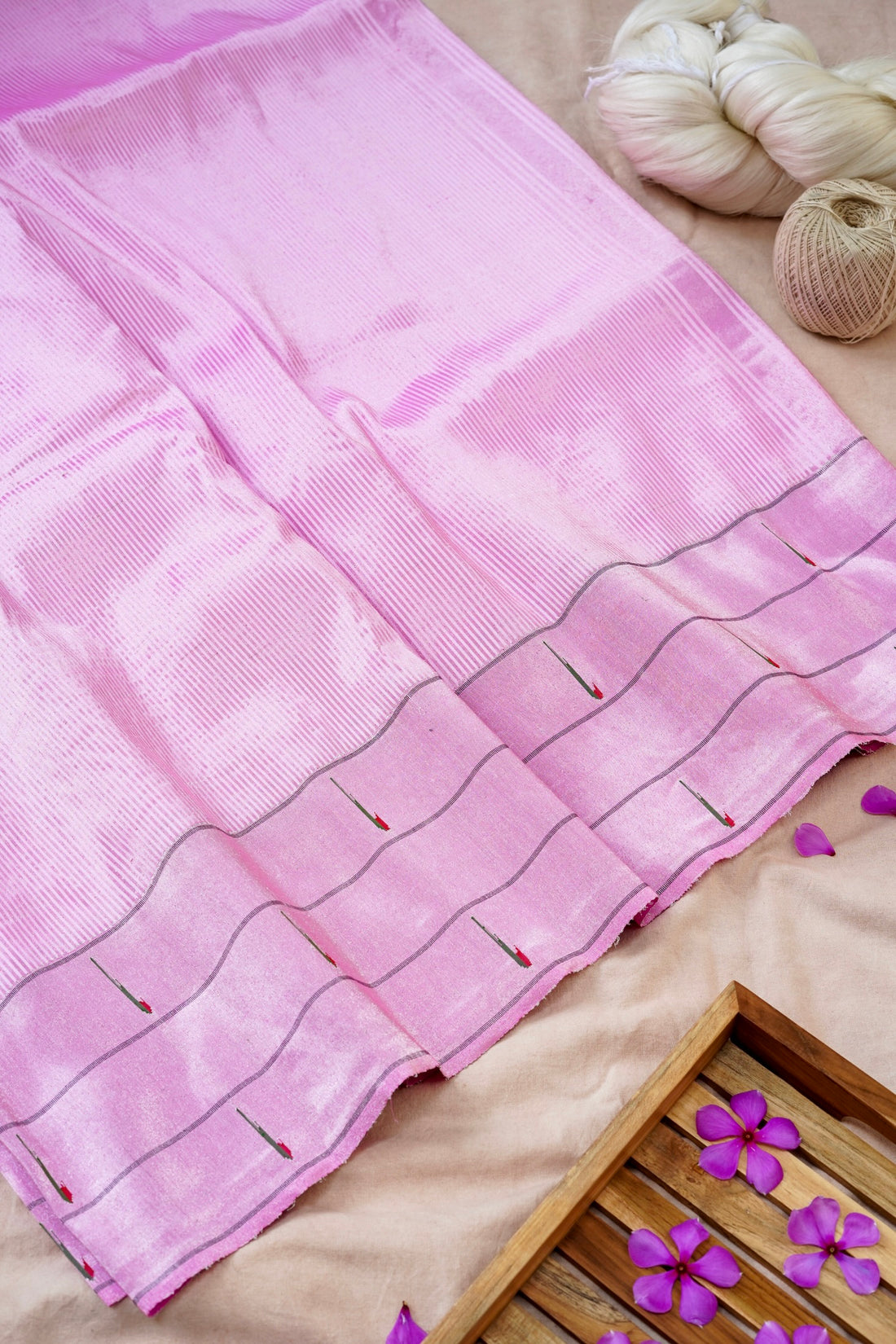 Handwoven Paithani Silk Tissue Saree with Triple Muniya Border