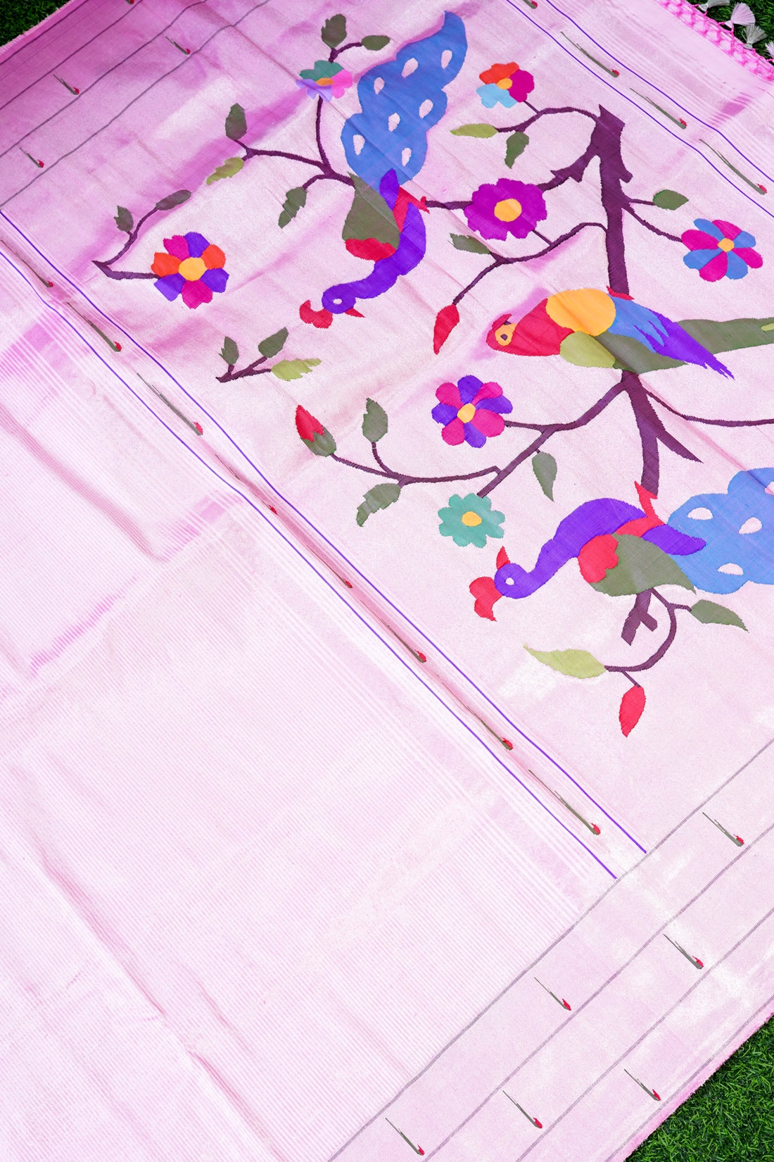 Handwoven Paithani Silk Tissue Saree with Triple Muniya Border