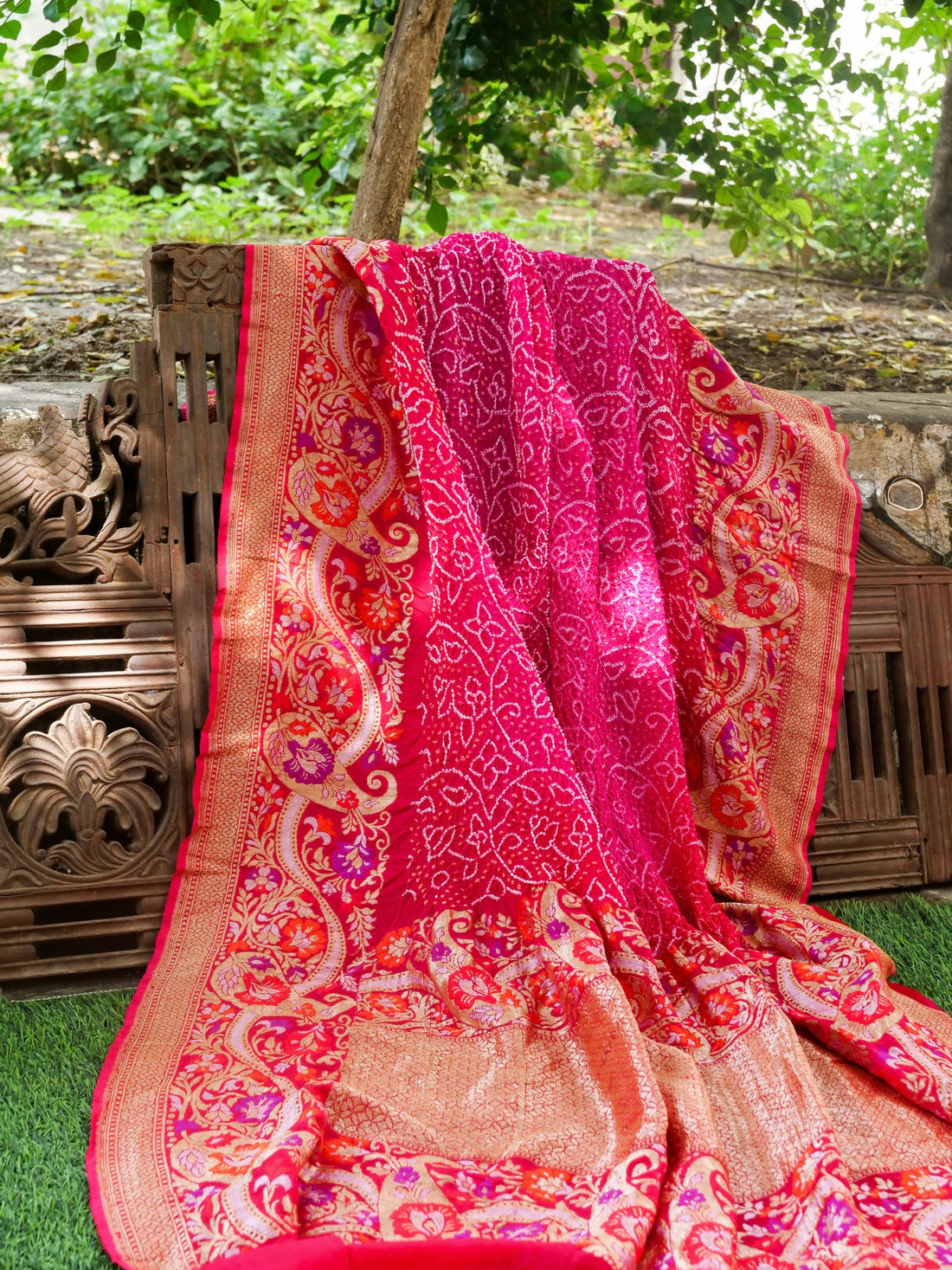 Pure Georgette Banarasi Bandhani Saree in Pink Magenta