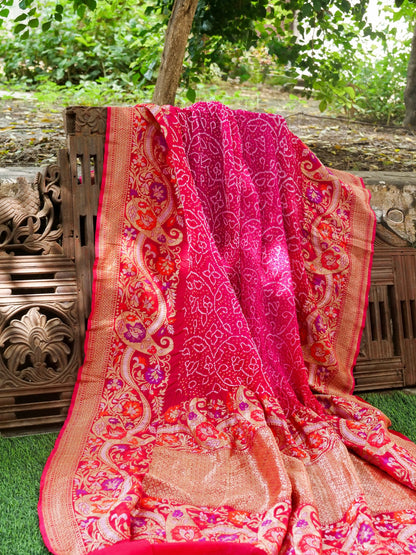 Pure Georgette Banarasi Bandhani Saree in Pink Magenta