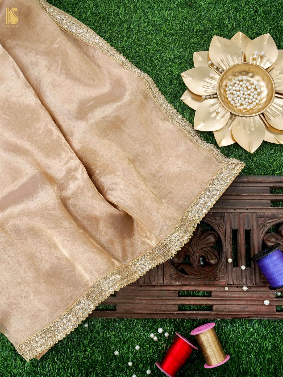 Hand Embroidered Pure Tissue Silk Saree with Border in Gold