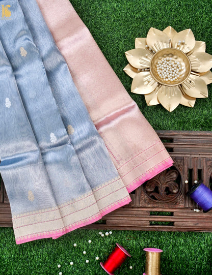 Handwoven Pure Tissue Silk Alfi Buti Banarasi Saree in Silver Grey - Aab
