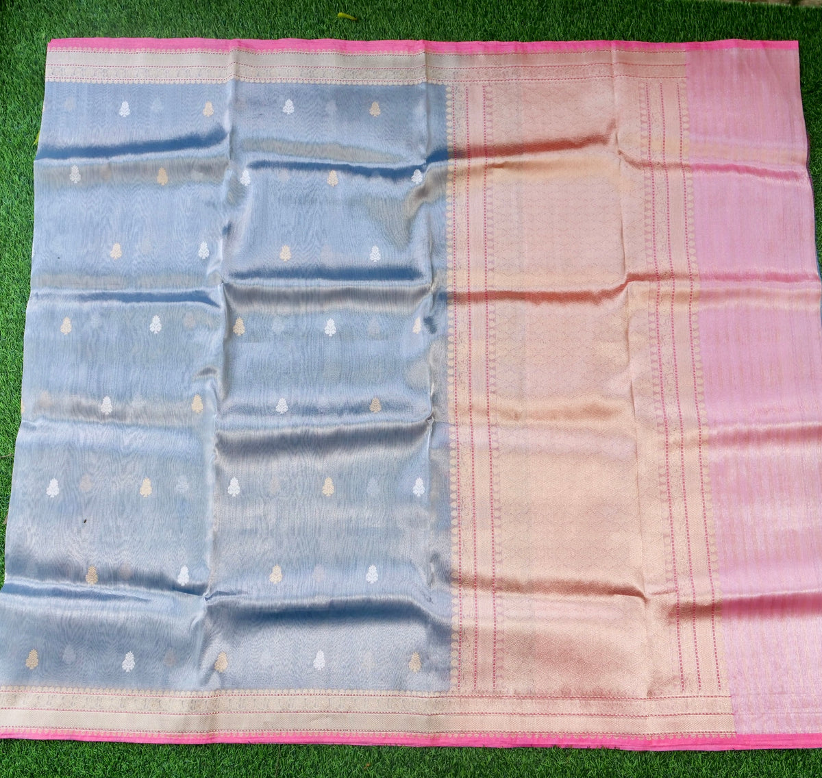 Handwoven Pure Tissue Silk Alfi Buti Banarasi Saree in Silver Grey - Aab