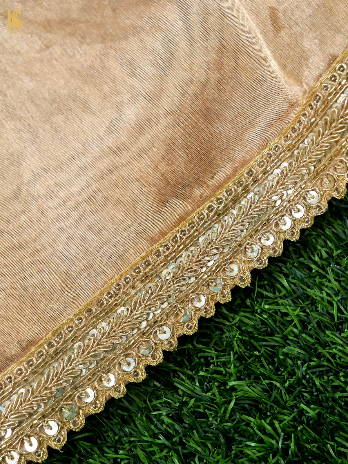 Hand Embroidered Pure Tissue Silk Saree with Border in Gold