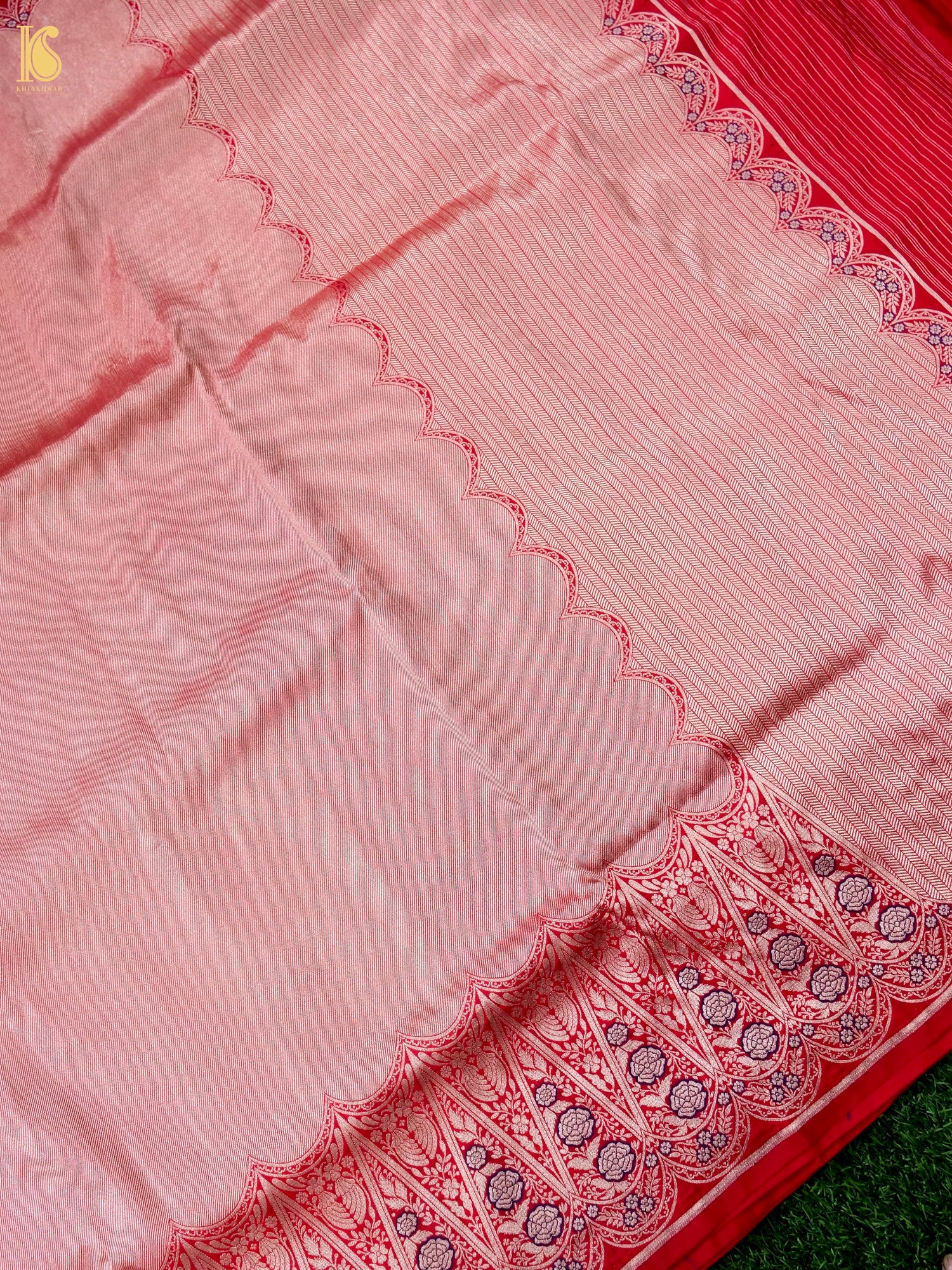 Handloom Banarasi Silk Scalloped Border Saree in Blush Pink | Kangura