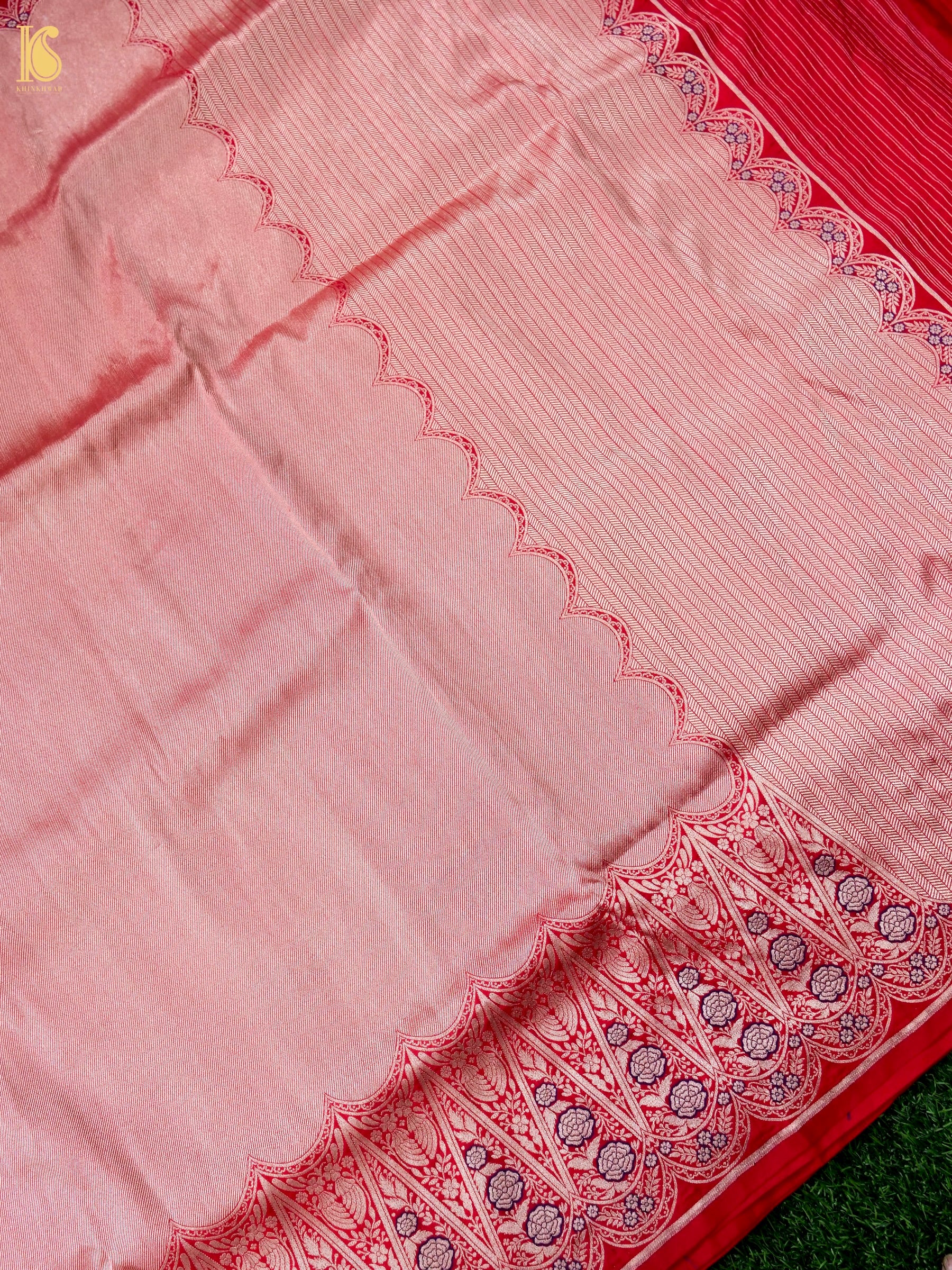 Handloom Banarasi Silk Scalloped Border Saree in Blush Pink | Kangura