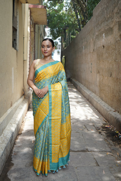 Finch Yellow &amp; Blue Titli Print Tussar Saree