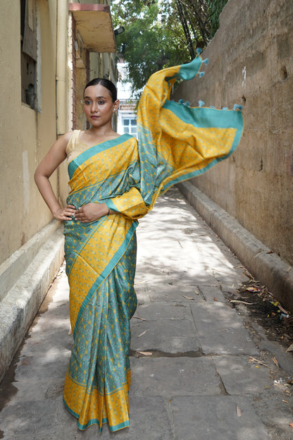 Finch Yellow &amp; Blue Titli Print Tussar Saree