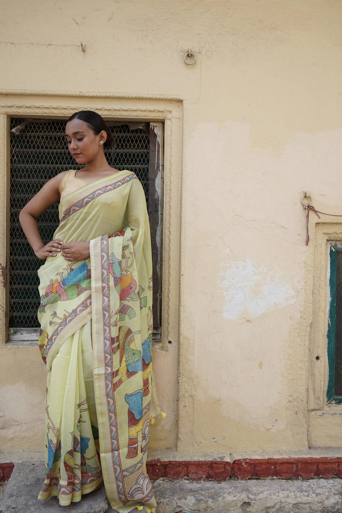 Gaj Gond Print Kota Saree in Lemon Yellow