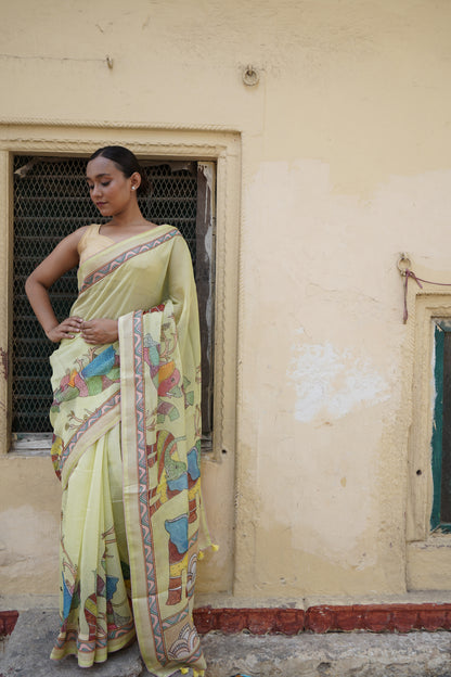 Gaj Gond Print Kota Saree in Lemon Yellow