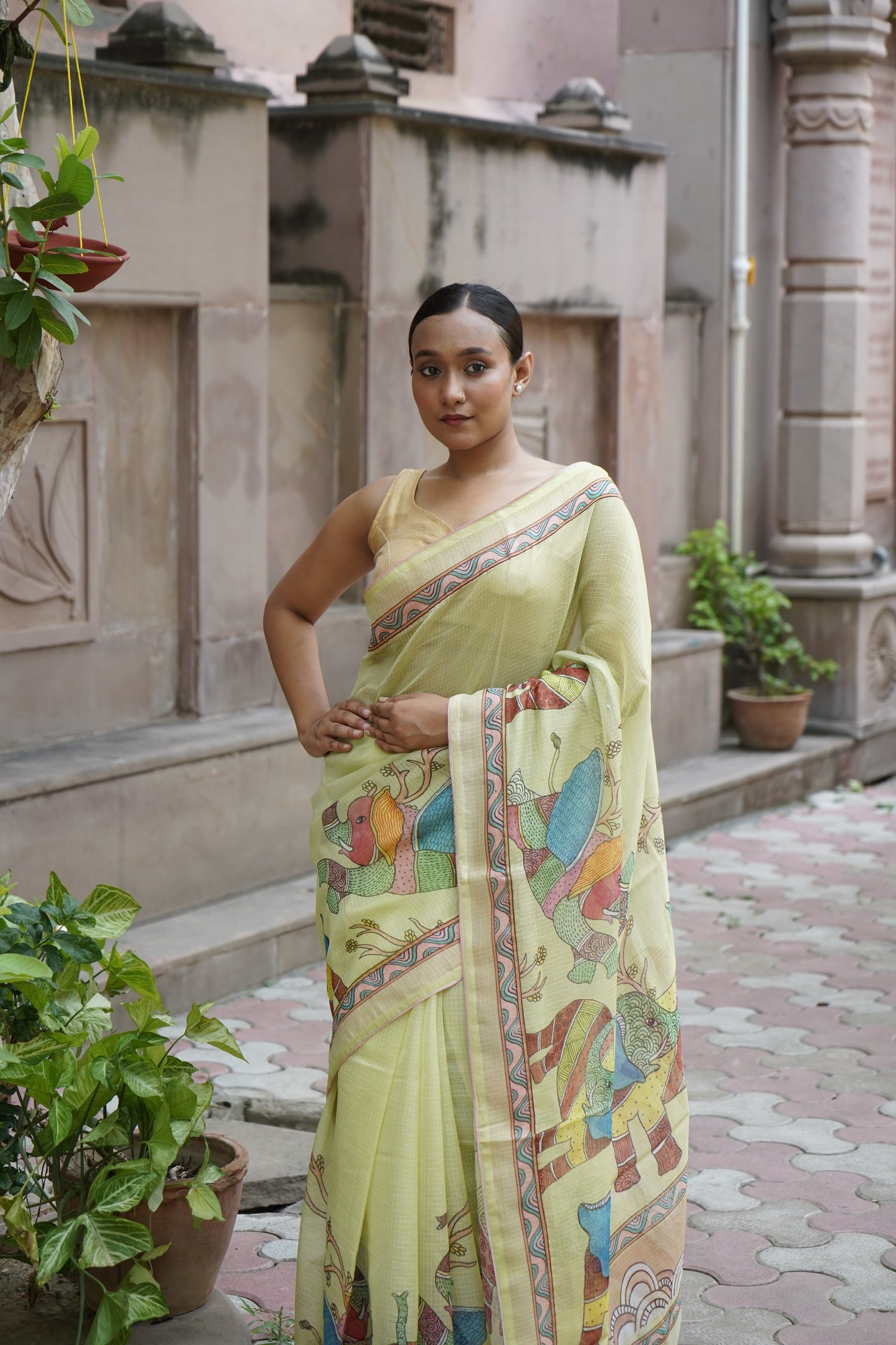Gaj Gond Print Kota Saree in Lemon Yellow