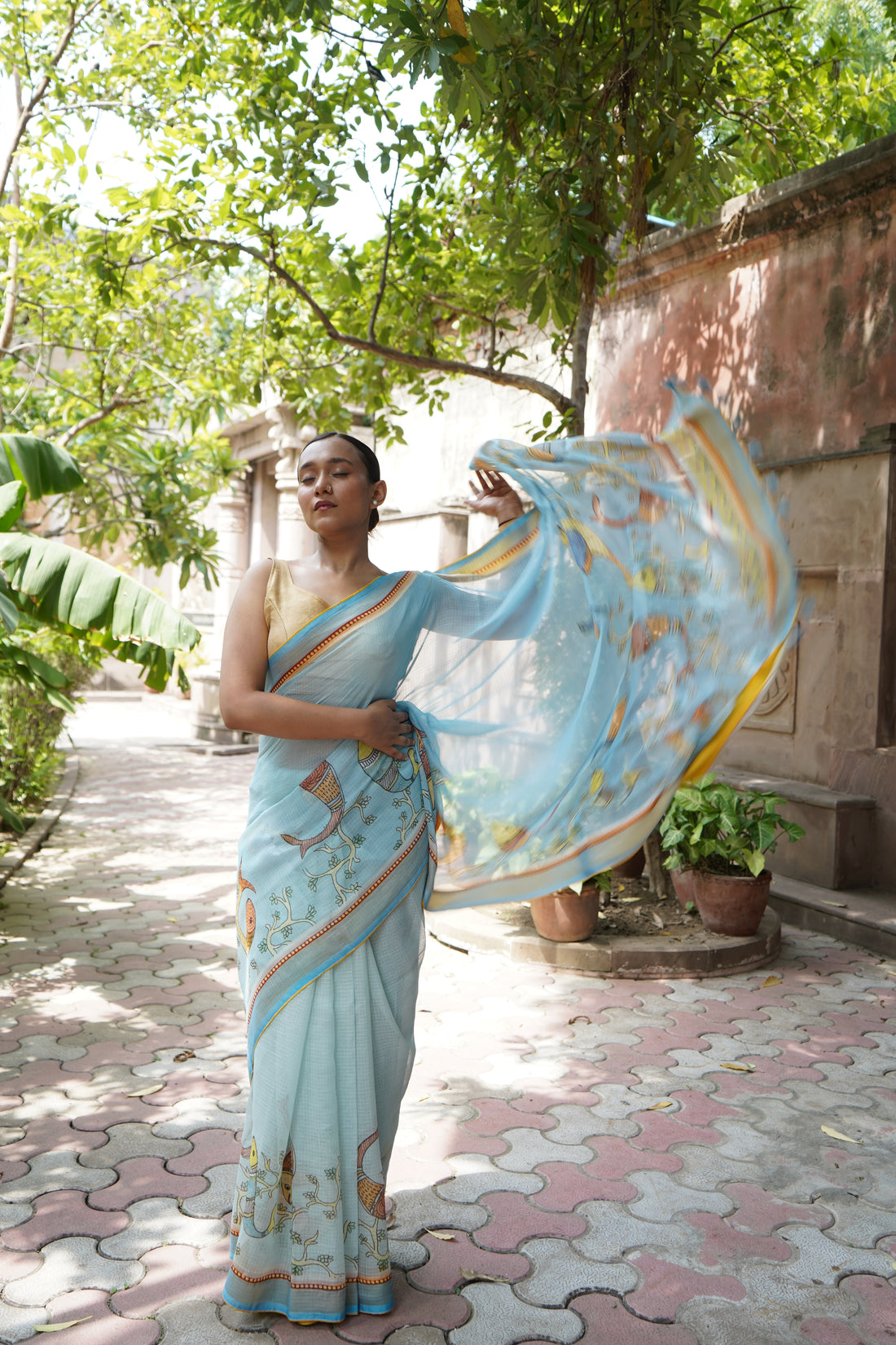 Matsya Gond Print Kota Silk Saree in Sky Blue