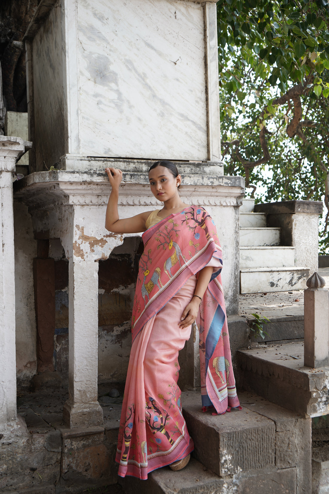 Kadamb Gond Print Kota Saree in Rose