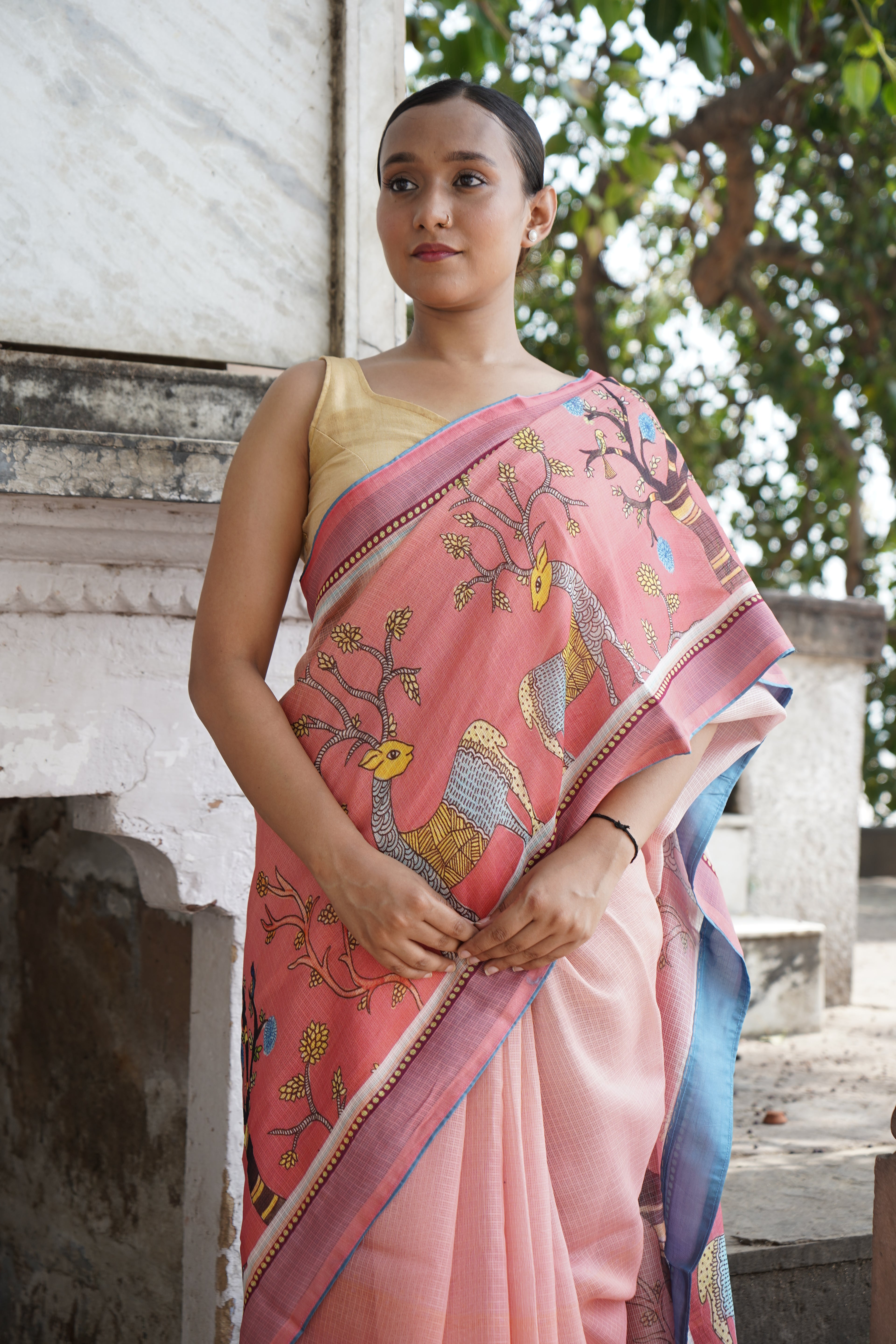 Kadamb Gond Print Kota Saree in Rose