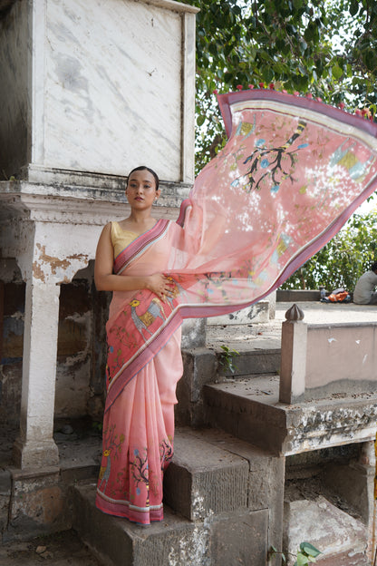 Kadamb Gond Print Kota Saree in Rose