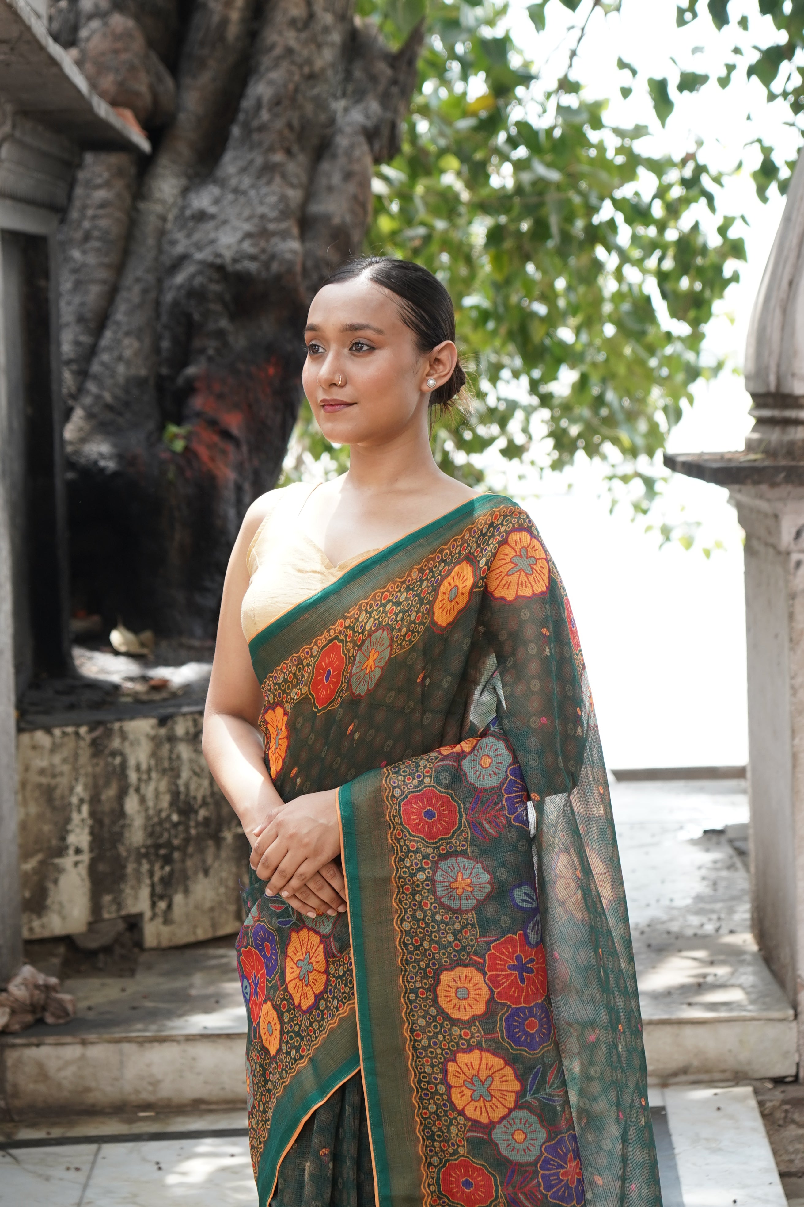 Jay Teal &amp; Multicolour Titli Print Kota Saree