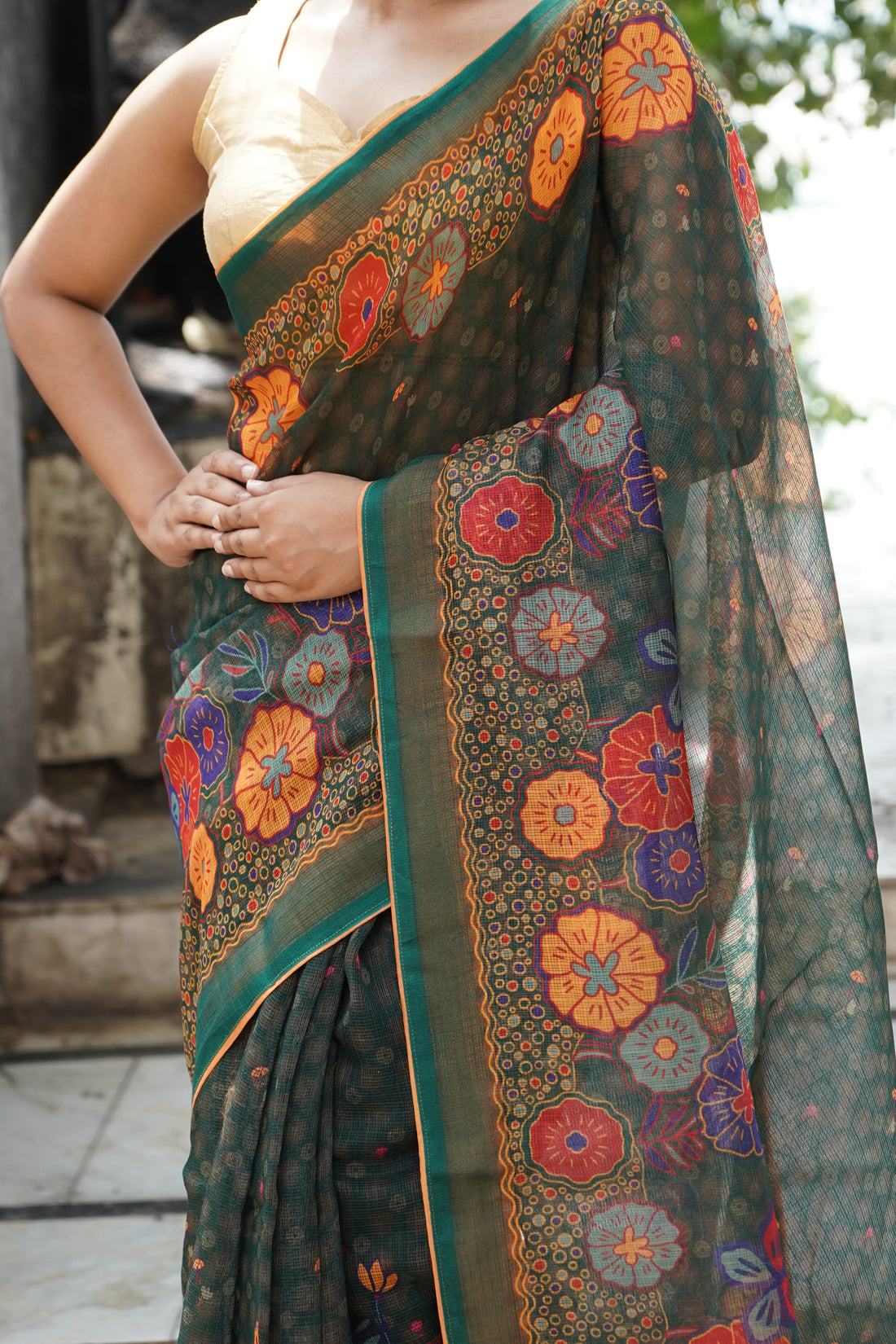 Jay Teal &amp; Multicolour Titli Print Kota Saree