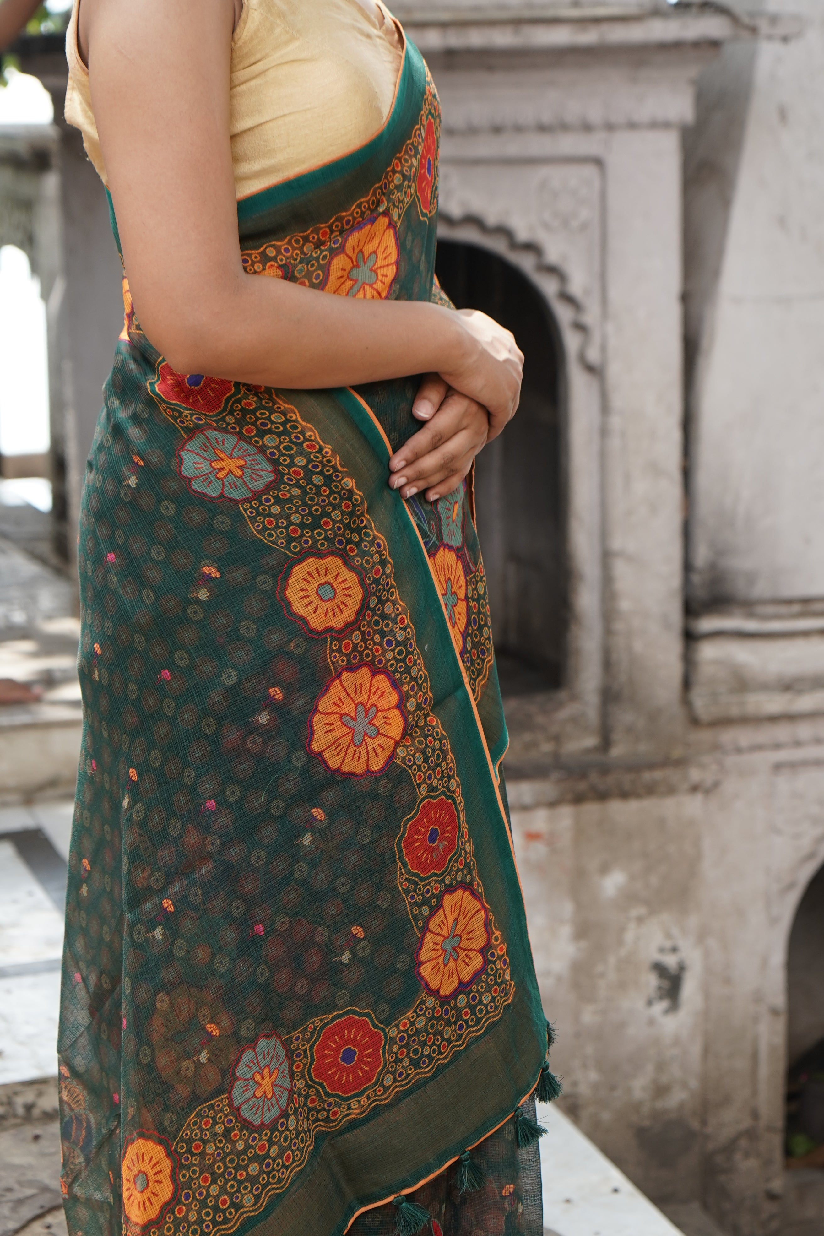 Jay Teal &amp; Multicolour Titli Print Kota Saree