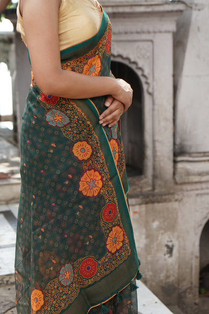 Jay Teal &amp; Multicolour Titli Print Kota Saree