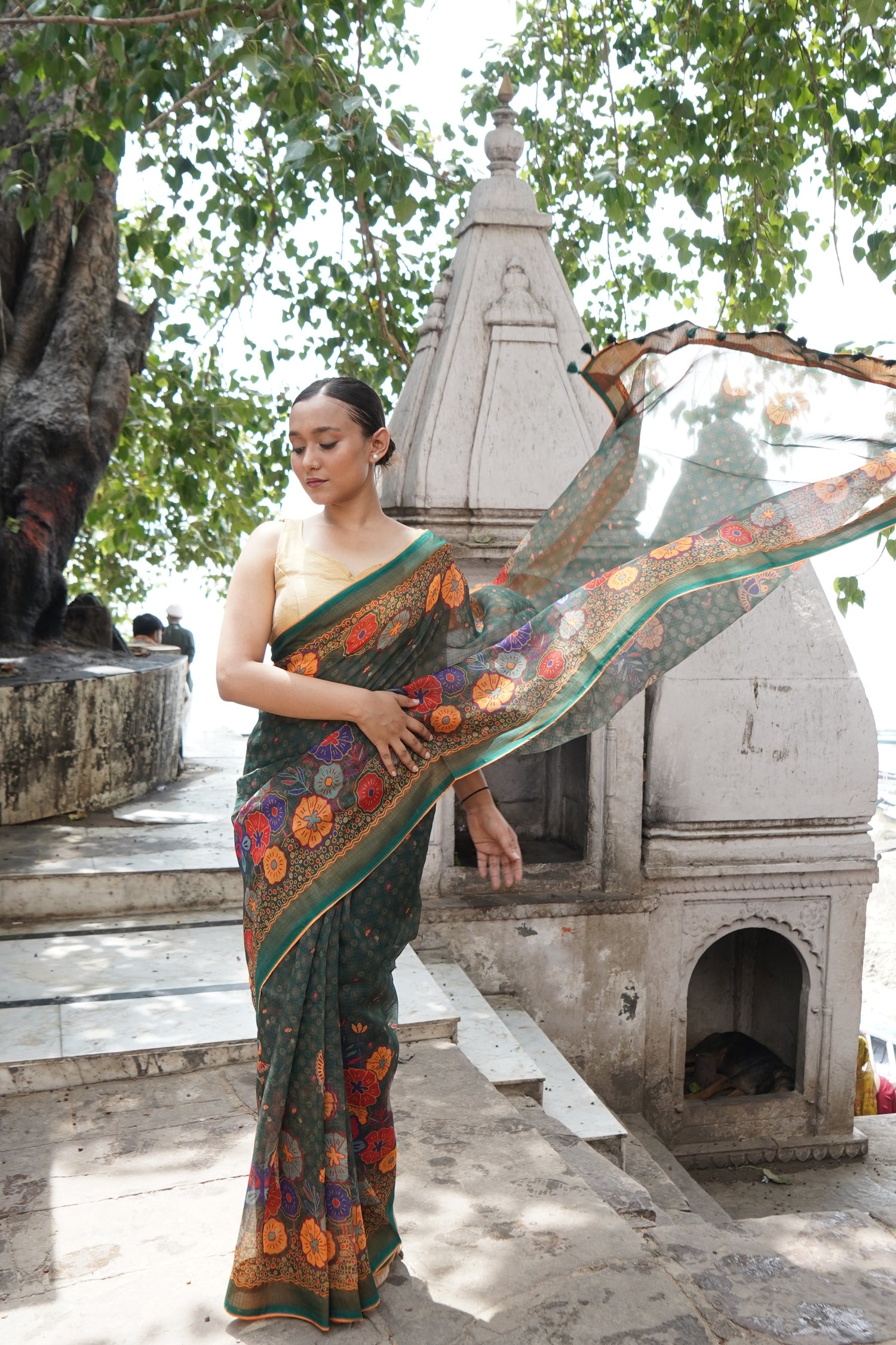 Jay Teal &amp; Multicolour Titli Print Kota Saree