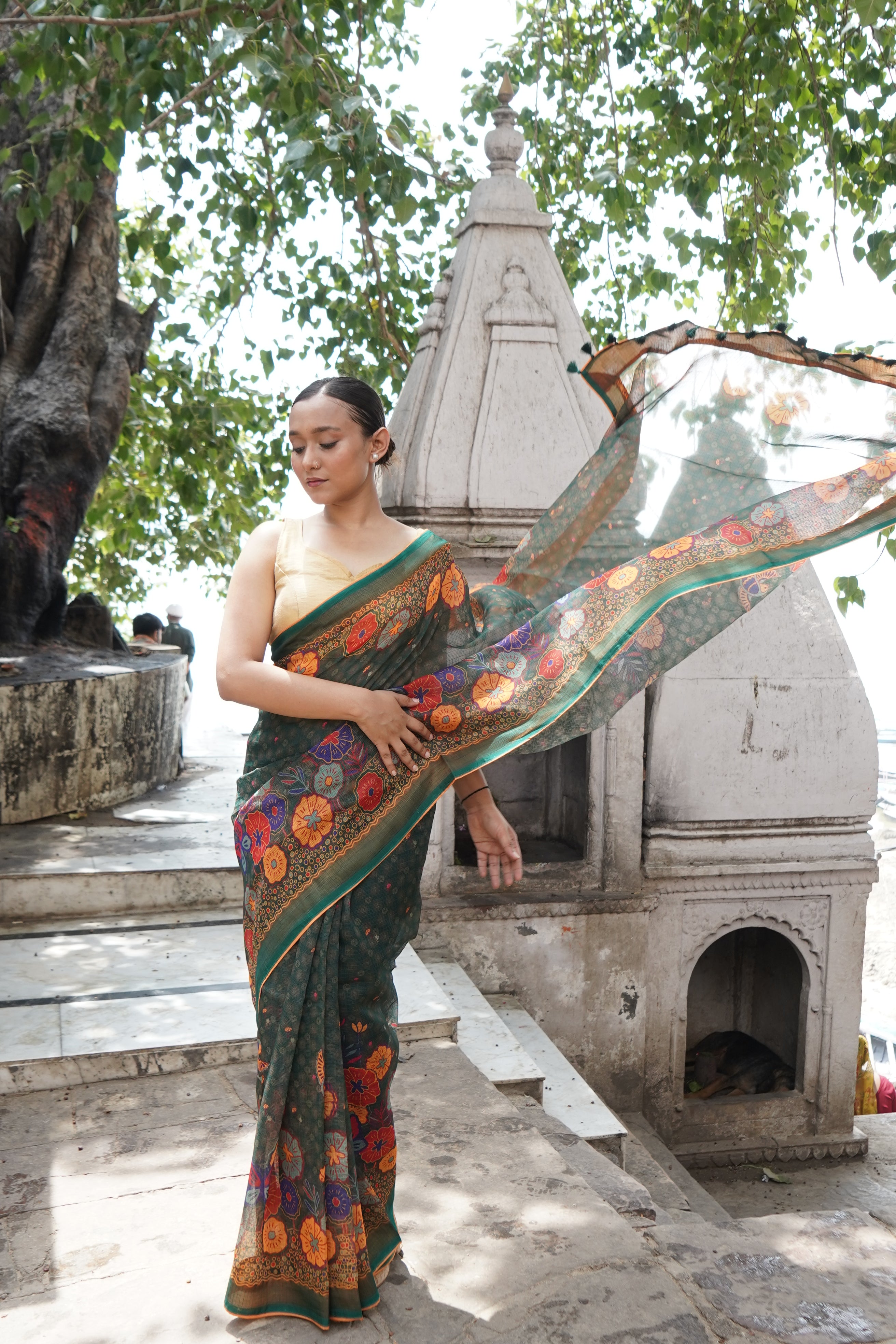 Jay Teal &amp; Multicolour Titli Print Kota Saree