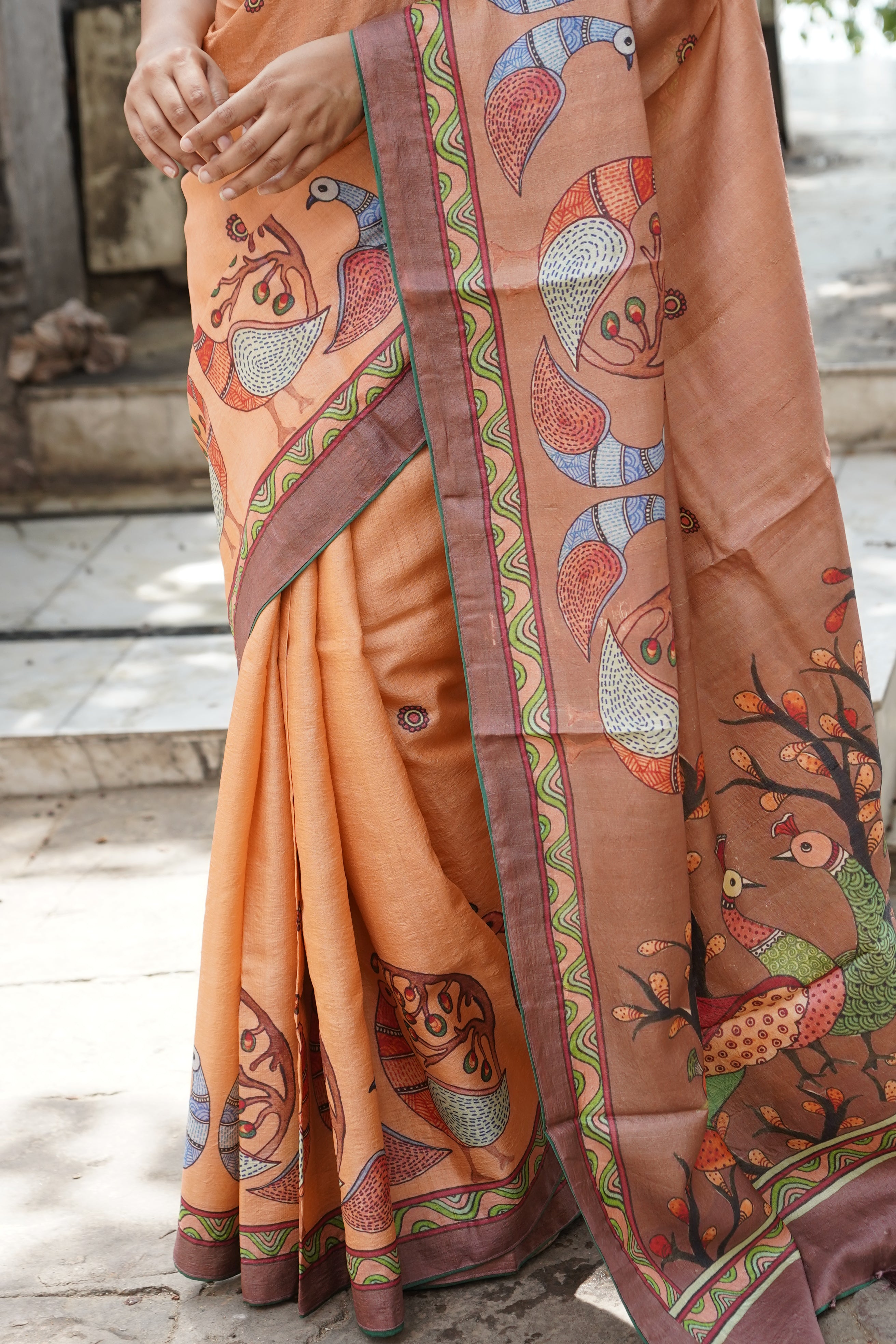 Palash Gond Print Tussar Saree in Copper