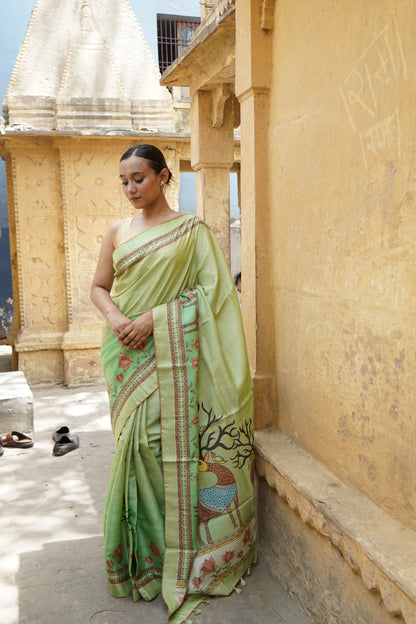 Kasturi Gond Print Tussar Saree in Mint Green