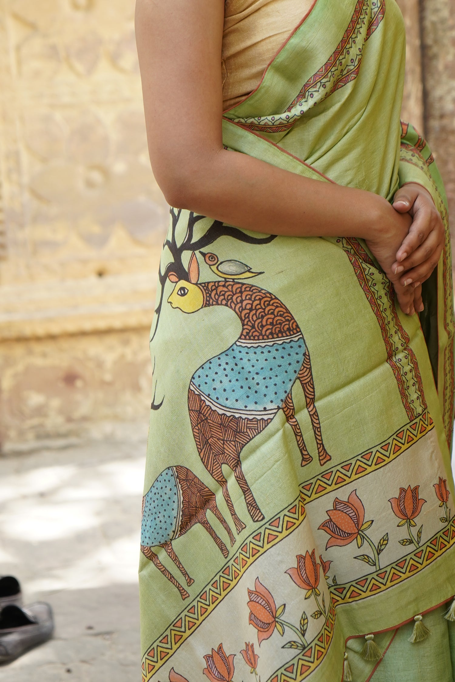 Kasturi Gond Print Tussar Saree in Mint Green