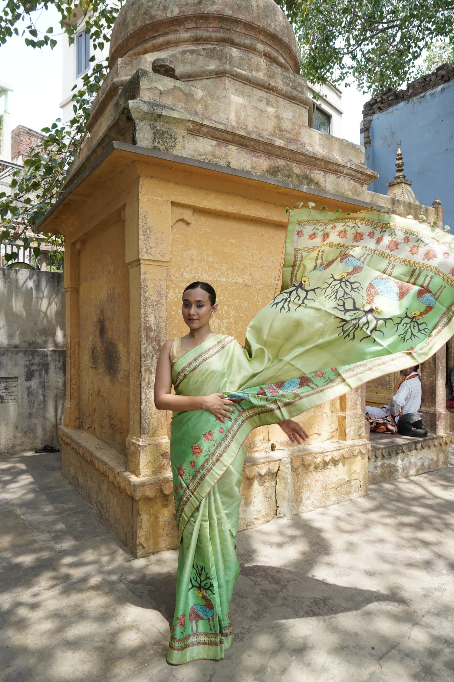 Kasturi Gond Print Tussar Saree in Mint Green