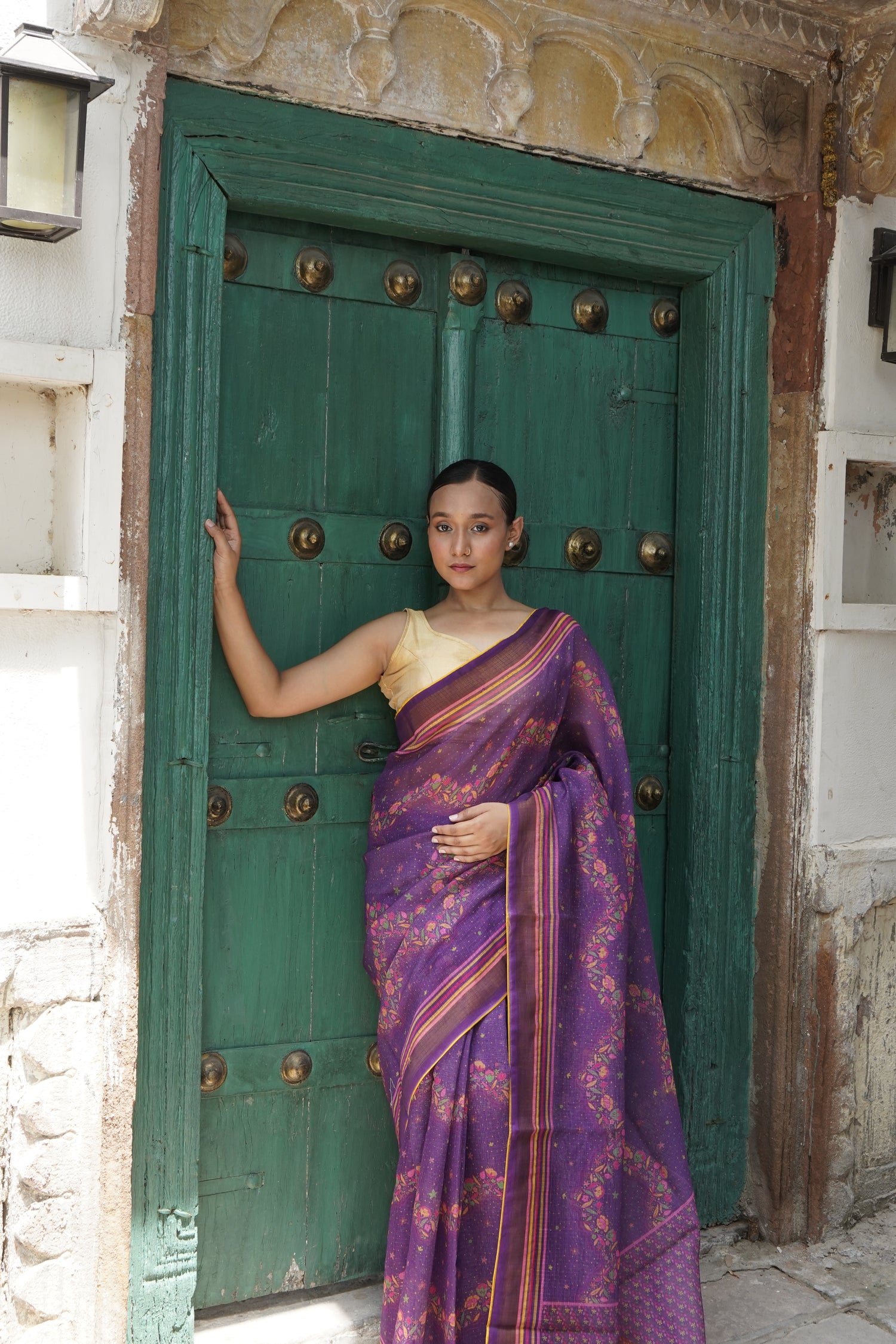 Iris Purple &amp; Pink Titli Print Tussar Saree