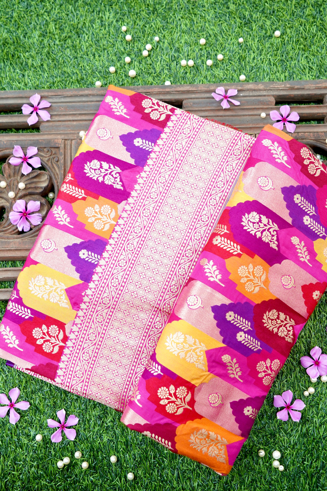 Handwoven Banarasi Katan Silk Rangkat Saree in Rani Pink