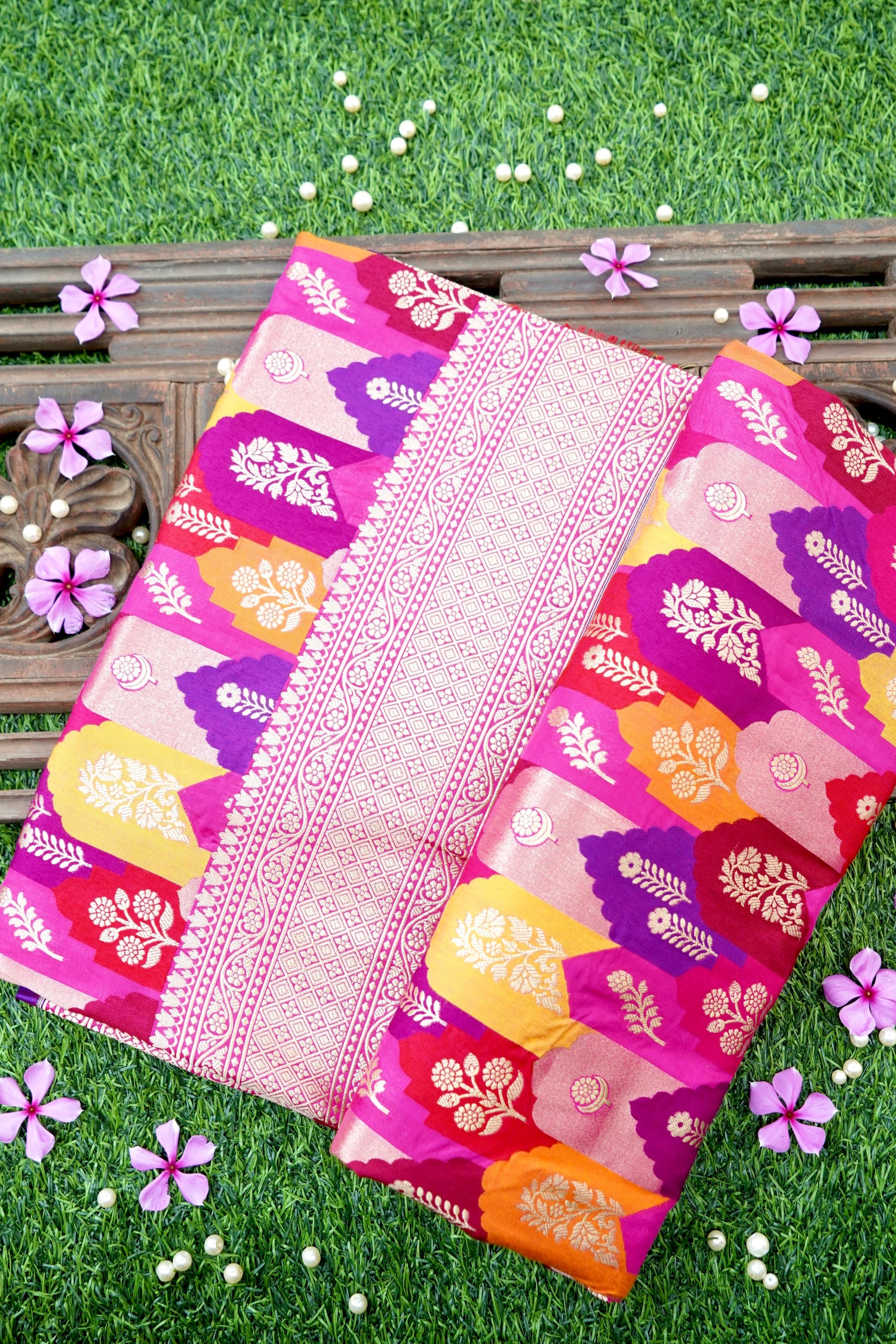 Handwoven Banarasi Katan Silk Rangkat Saree in Rani Pink