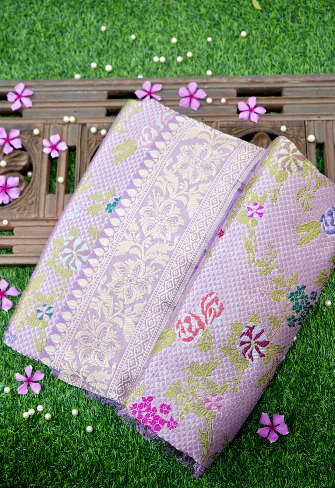 Handwoven Banarasi Katan Silk Kinkhab Meenakari Saree in Soft Lilac