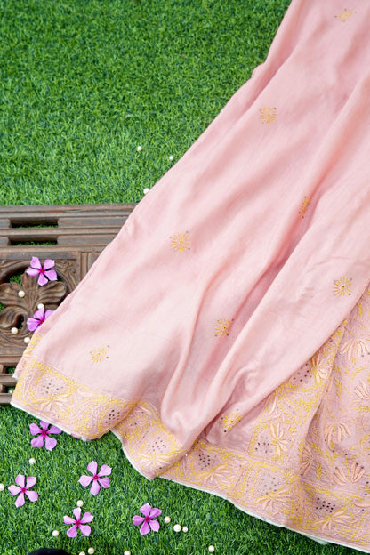 Chikankari Moonga Tussar Silk Saree in Pink