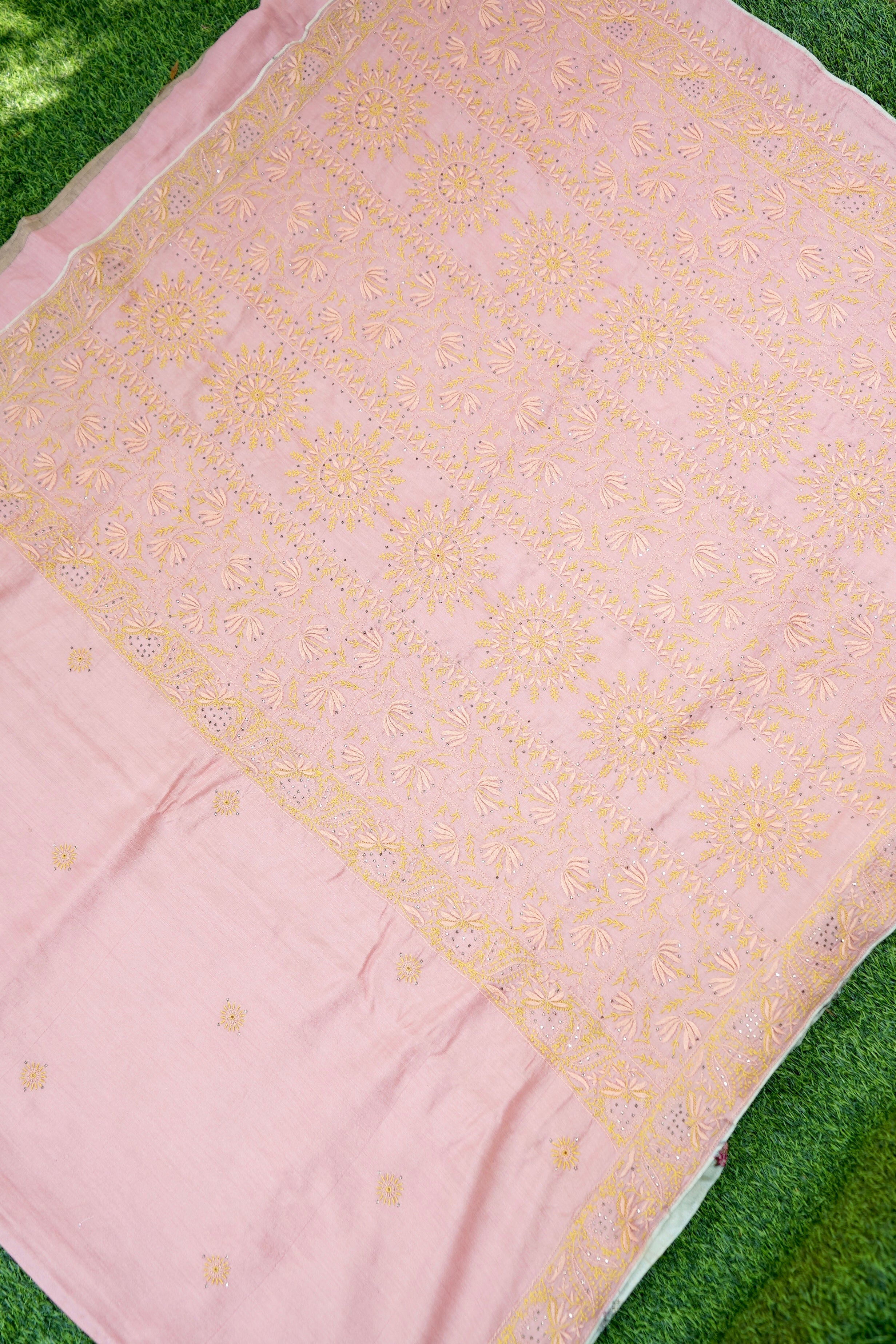 Chikankari Moonga Tussar Silk Saree in Pink