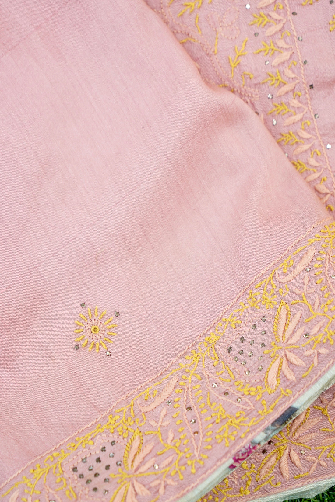Chikankari Moonga Tussar Silk Saree in Pink