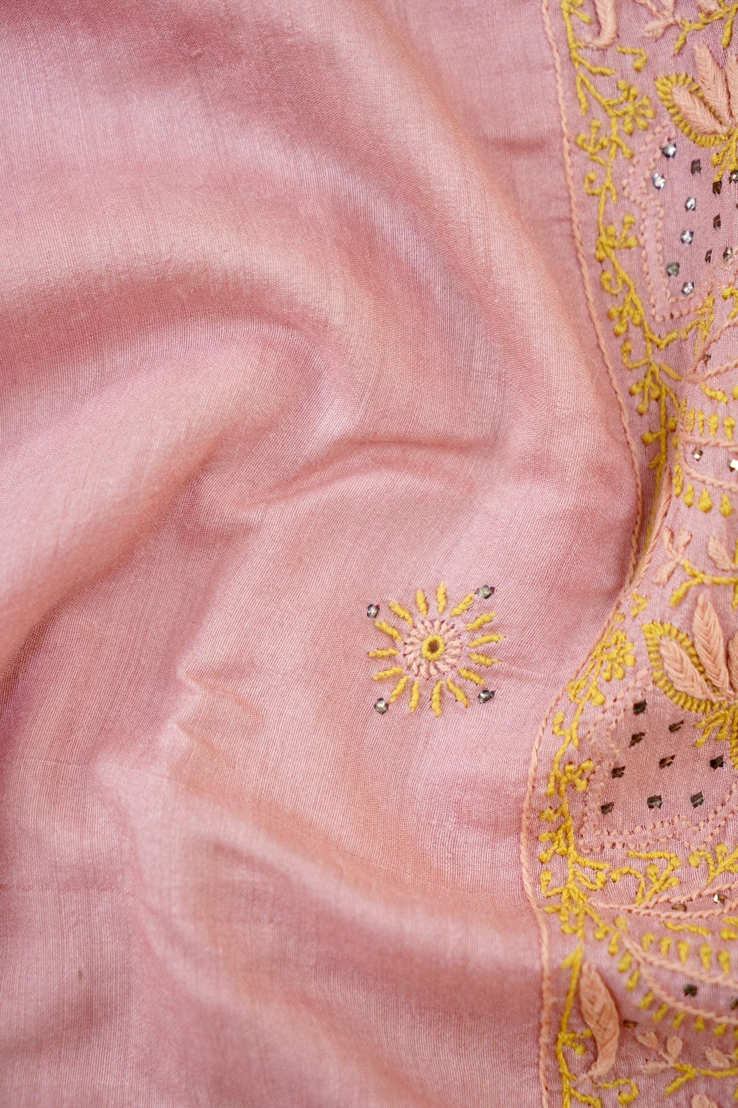 Chikankari Moonga Tussar Silk Saree in Pink