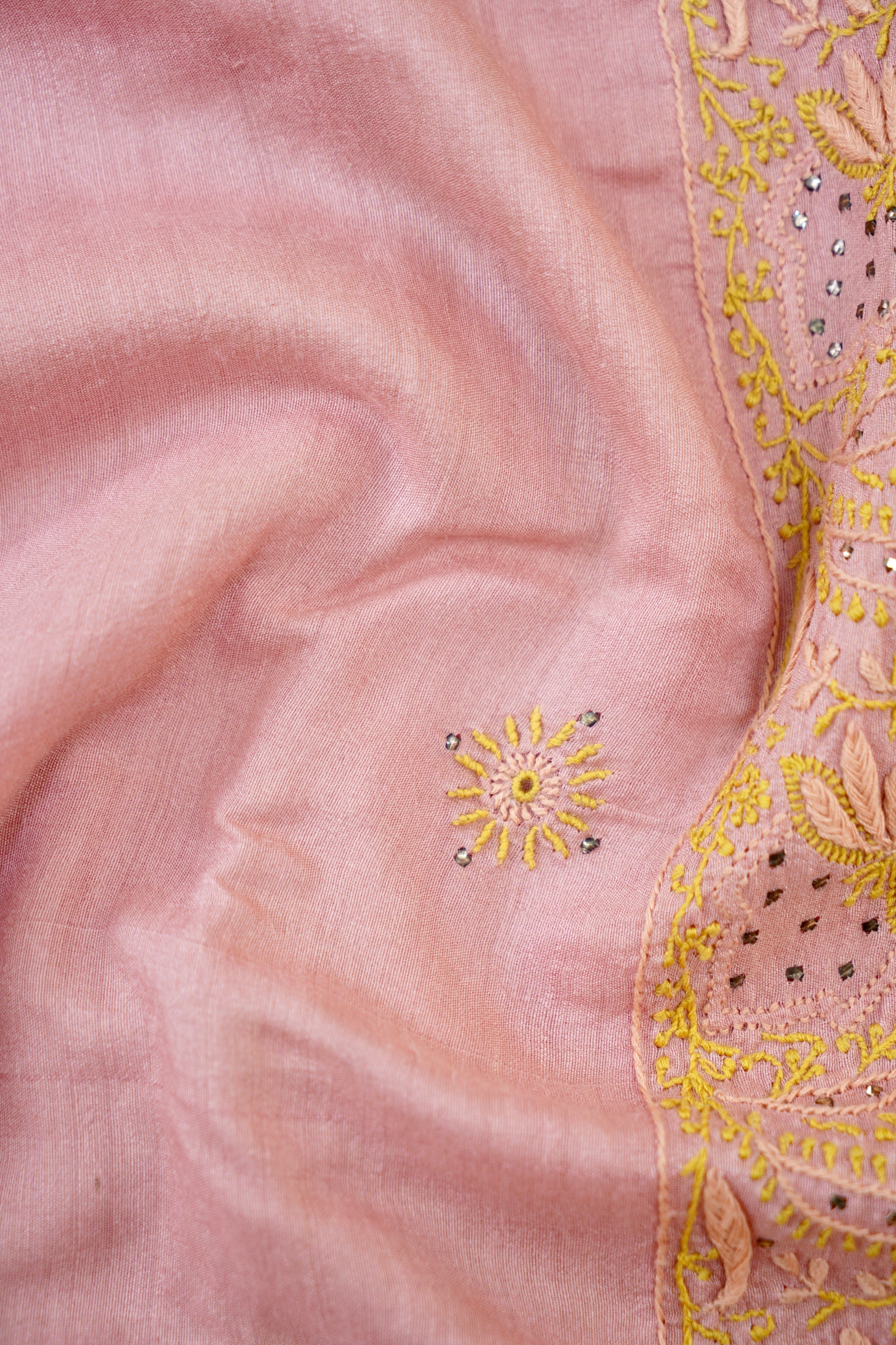 Chikankari Moonga Tussar Silk Saree in Pink