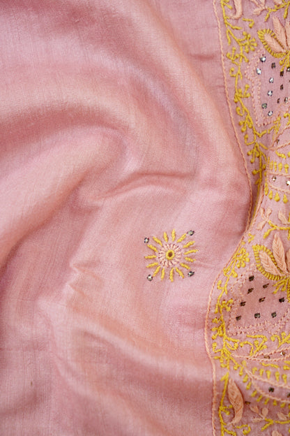 Chikankari Moonga Tussar Silk Saree in Pink