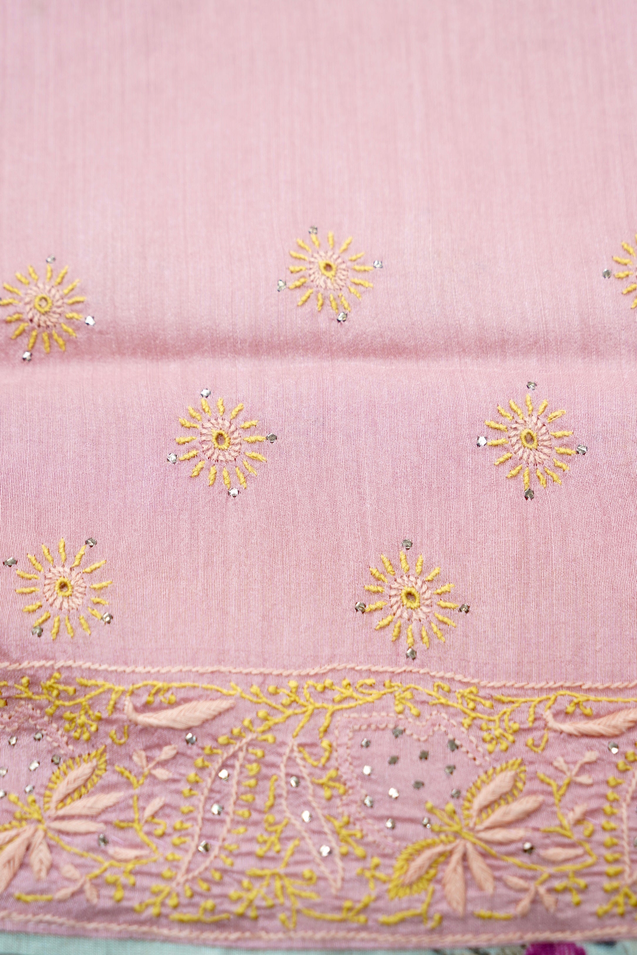 Chikankari Moonga Tussar Silk Saree in Pink