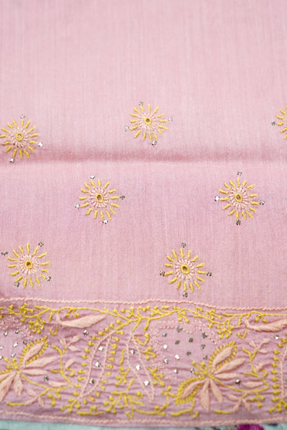Chikankari Moonga Tussar Silk Saree in Pink