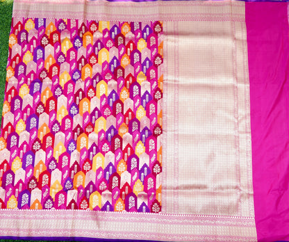 Handwoven Banarasi Katan Silk Rangkat Saree in Rani Pink