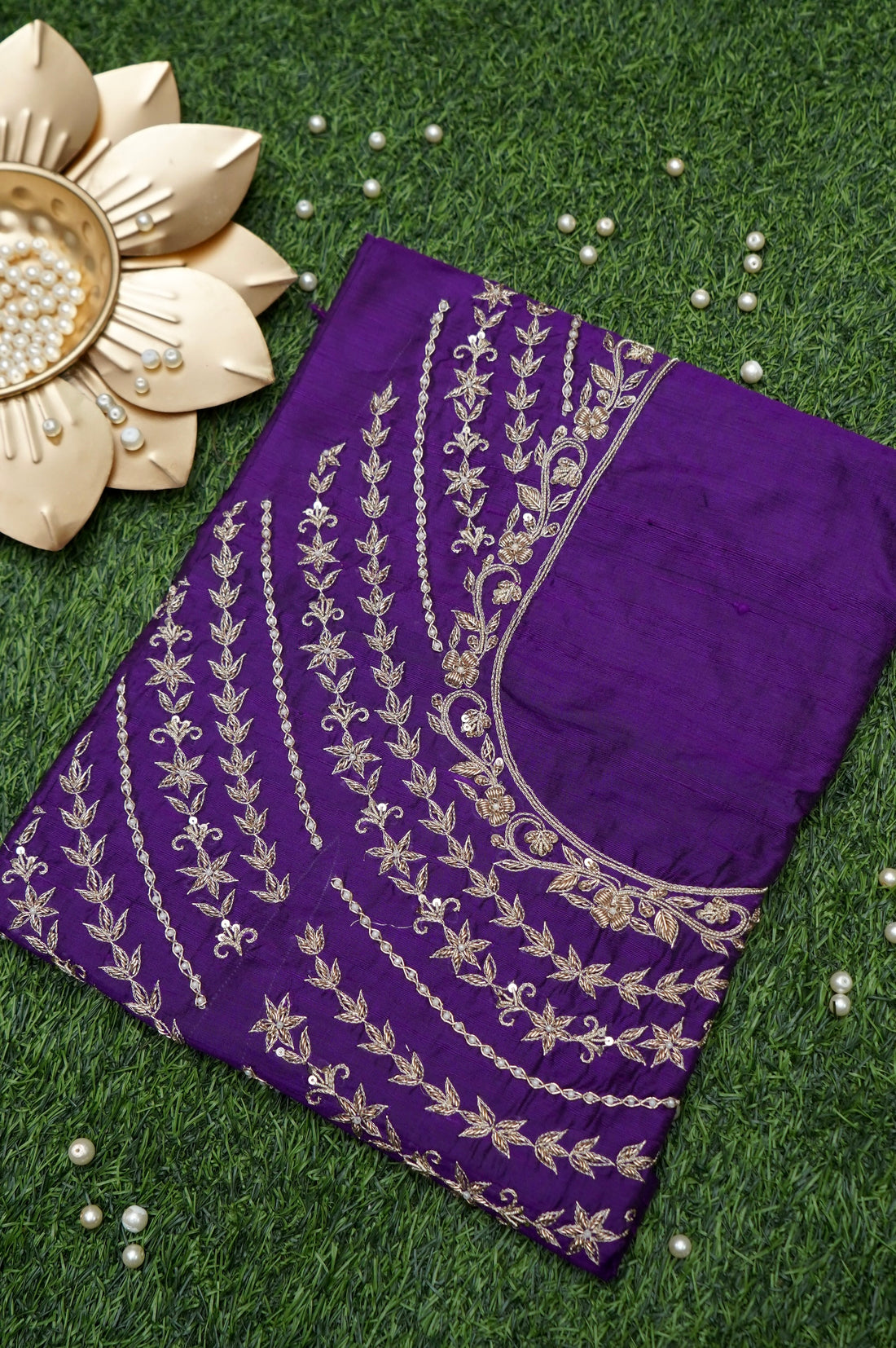 Hand Embroidered Raw Silk Blouse Fabric in Purple